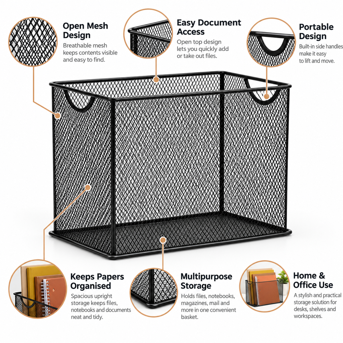 Metal Mesh File Basket - Upright Document Storage, 12.24" × 5.51" × 10"