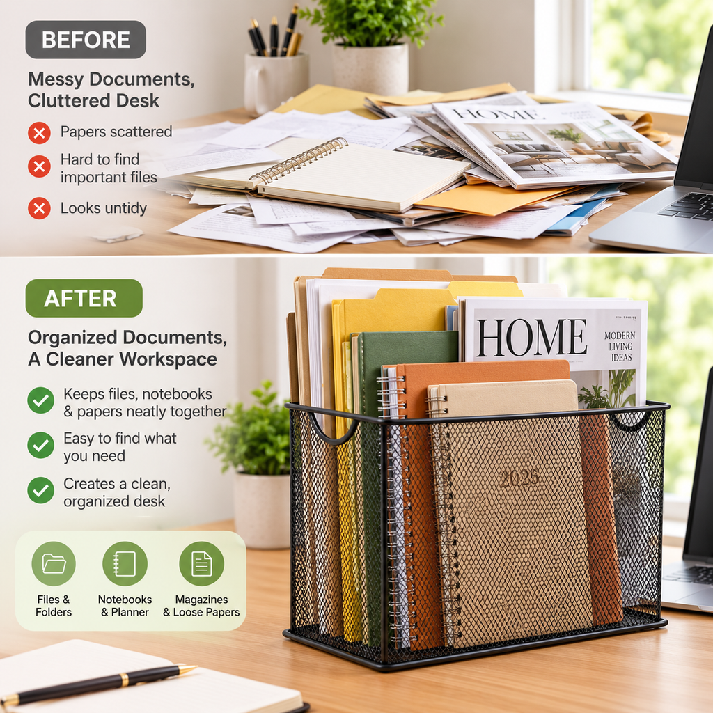 Metal Mesh File Basket - Upright Document Storage, 12.24" × 5.51" × 10"