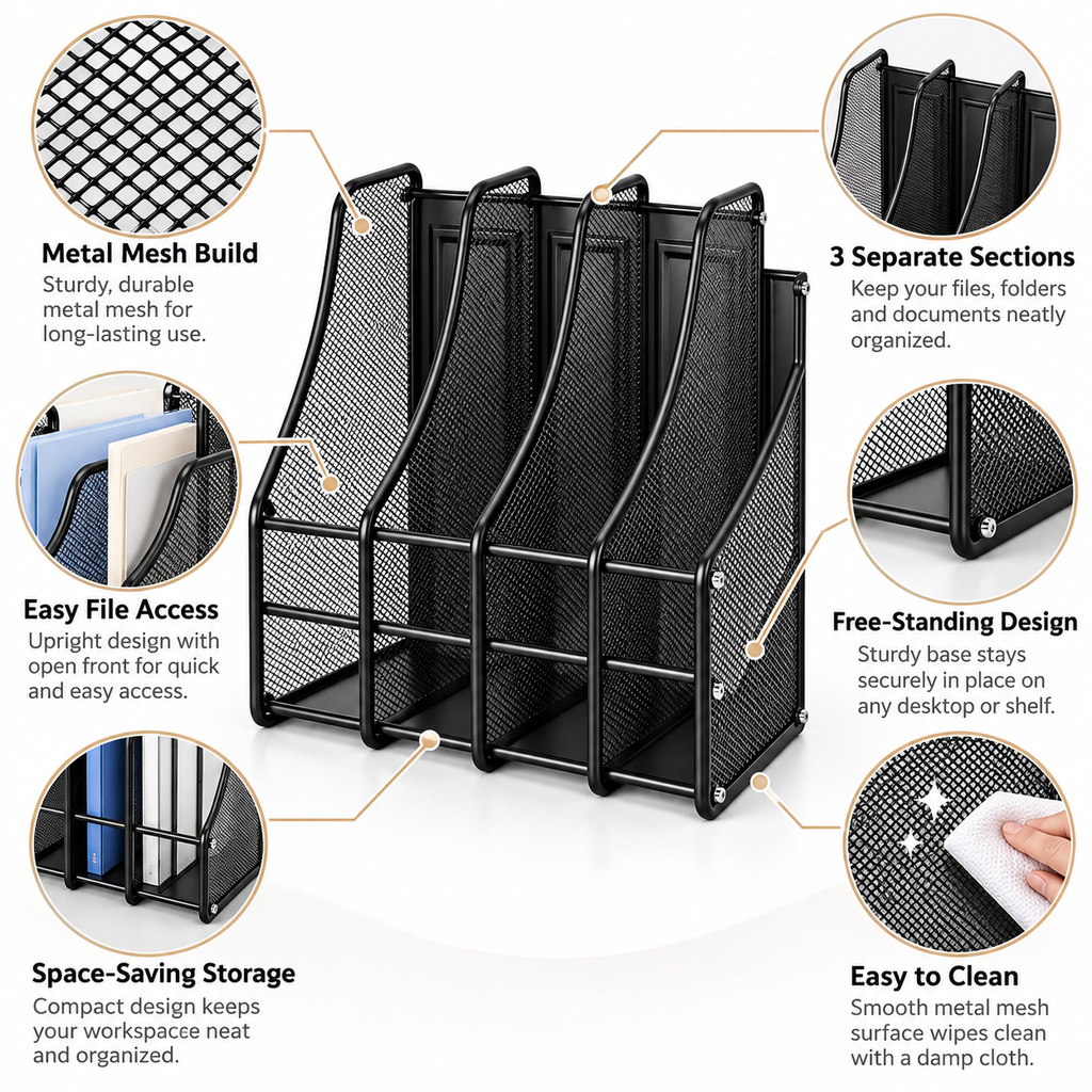 Metal Mesh File Rack - Four Upright Sections, 7.87" × 3.94" × 3.94"