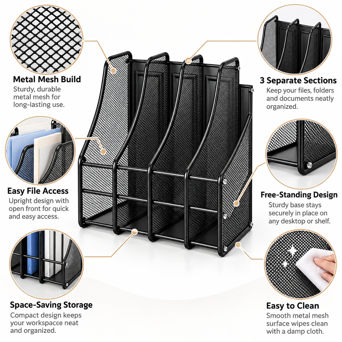 Metal Mesh File Rack - Four Upright Sections, 7.87" × 3.94" × 3.94"