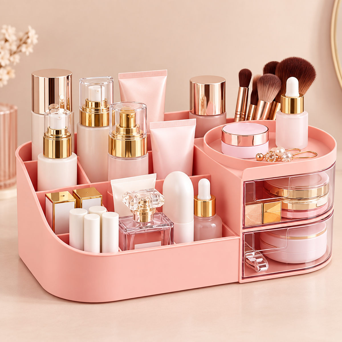6 Grid Cosmetics Organizer with 2 Drawers - 10" x 5" x 4"