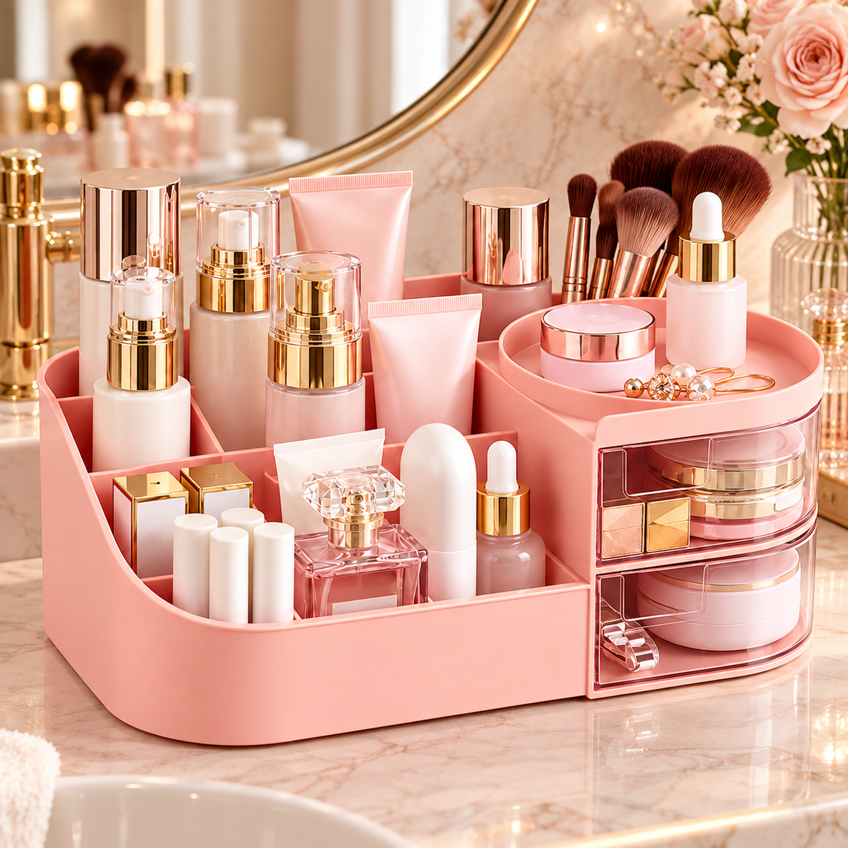 6 Grid Cosmetics Organizer with 2 Drawers - 10" x 5" x 4"