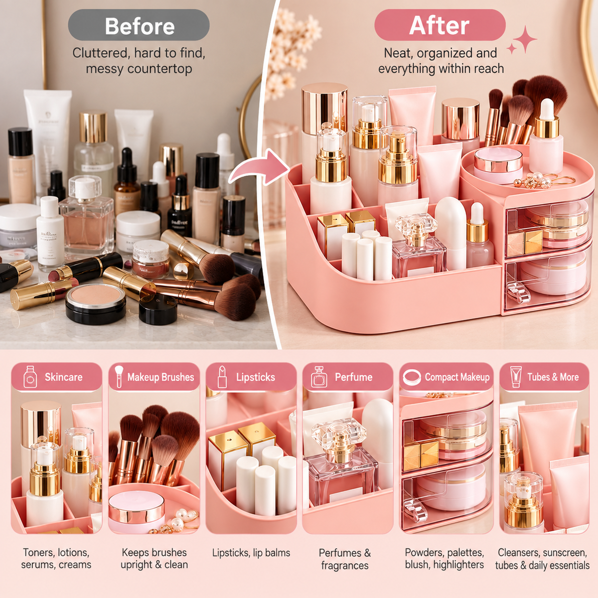 6 Grid Cosmetics Organizer with 2 Drawers - 10" x 5" x 4"