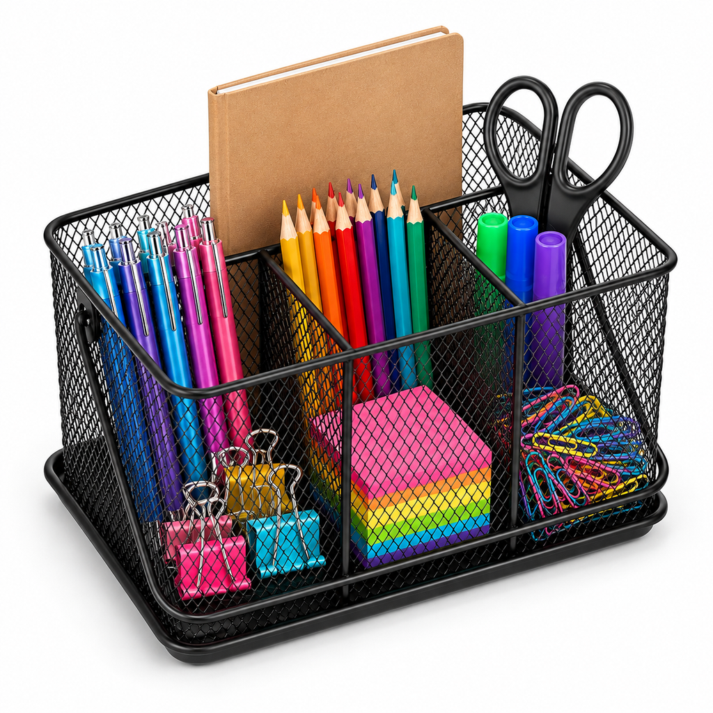 Desk Organizer with Handle- Metal Mesh Multi-Compartment, Portable Desk Caddy, 9.84" × 7.09" × 4.72"