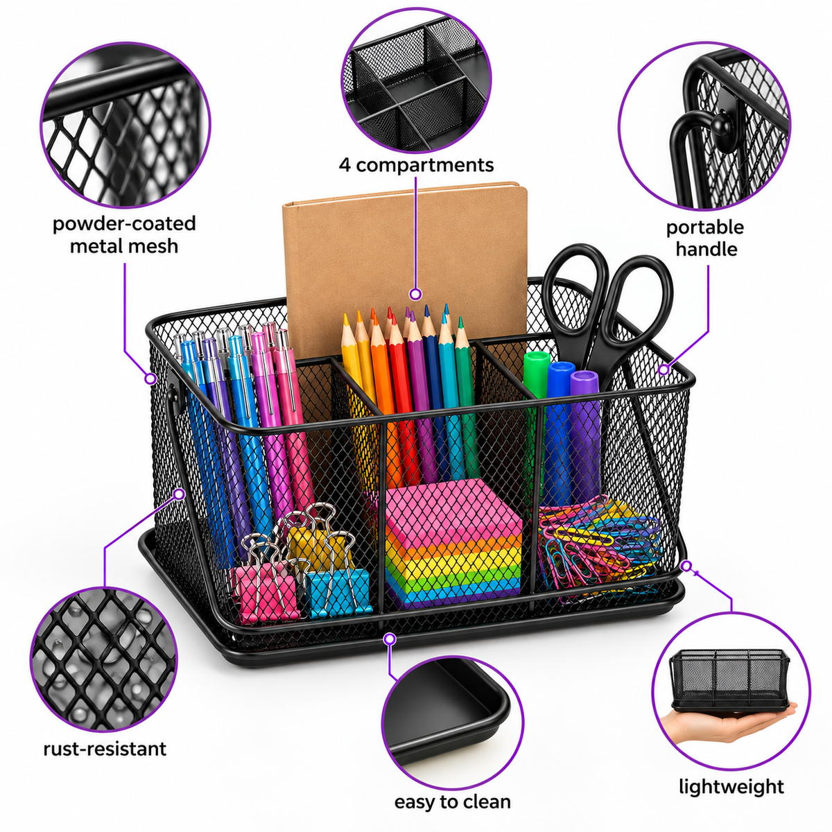 Desk Organizer with Handle- Metal Mesh Multi-Compartment, Portable Desk Caddy, 9.84" × 7.09" × 4.72"