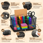 Desk Organizer with Handle- Metal Mesh Multi-Compartment, Portable Desk Caddy, 9.84" × 7.09" × 4.72"