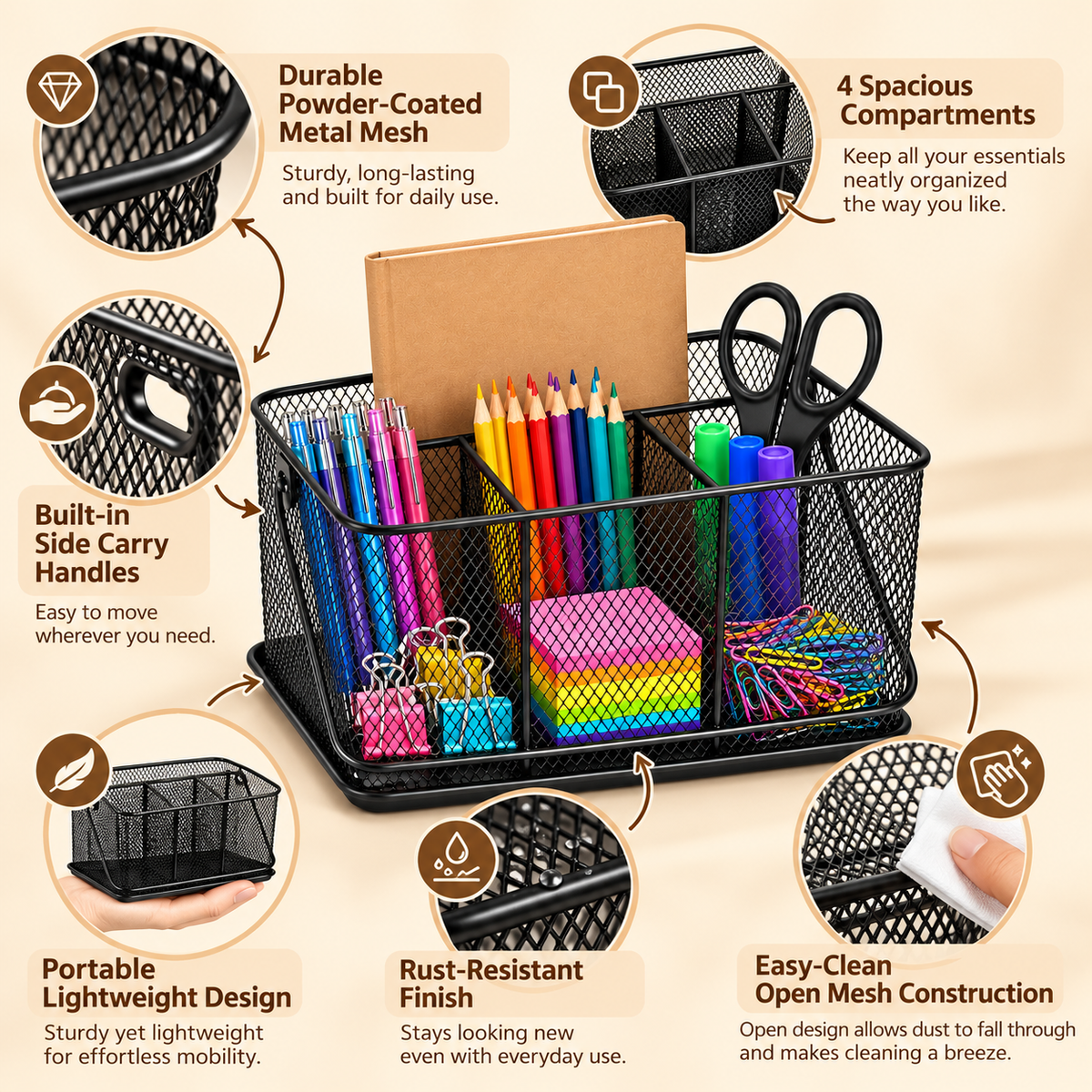 Desk Organizer with Handle- Metal Mesh Multi-Compartment, Portable Desk Caddy, 9.84" × 7.09" × 4.72"