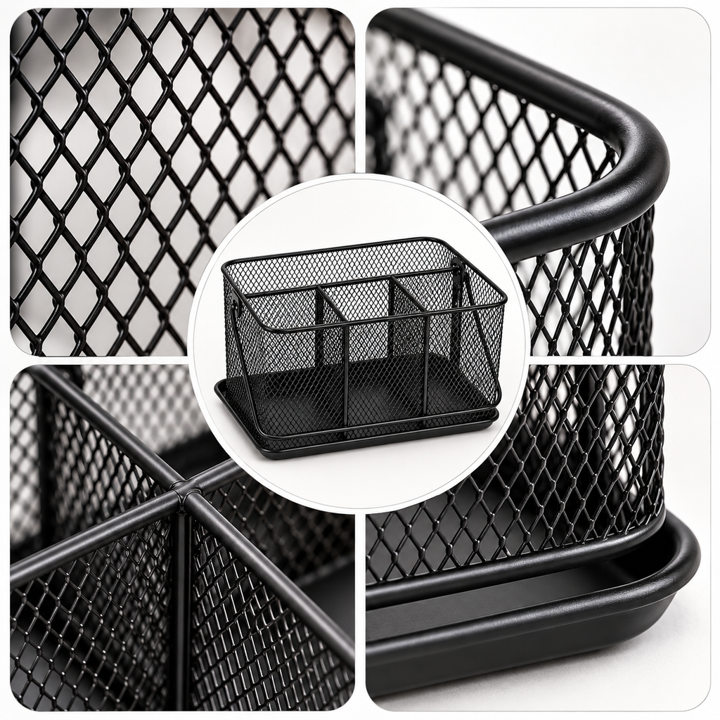 Desk Organizer with Handle- Metal Mesh Multi-Compartment, Portable Desk Caddy, 9.84" × 7.09" × 4.72"