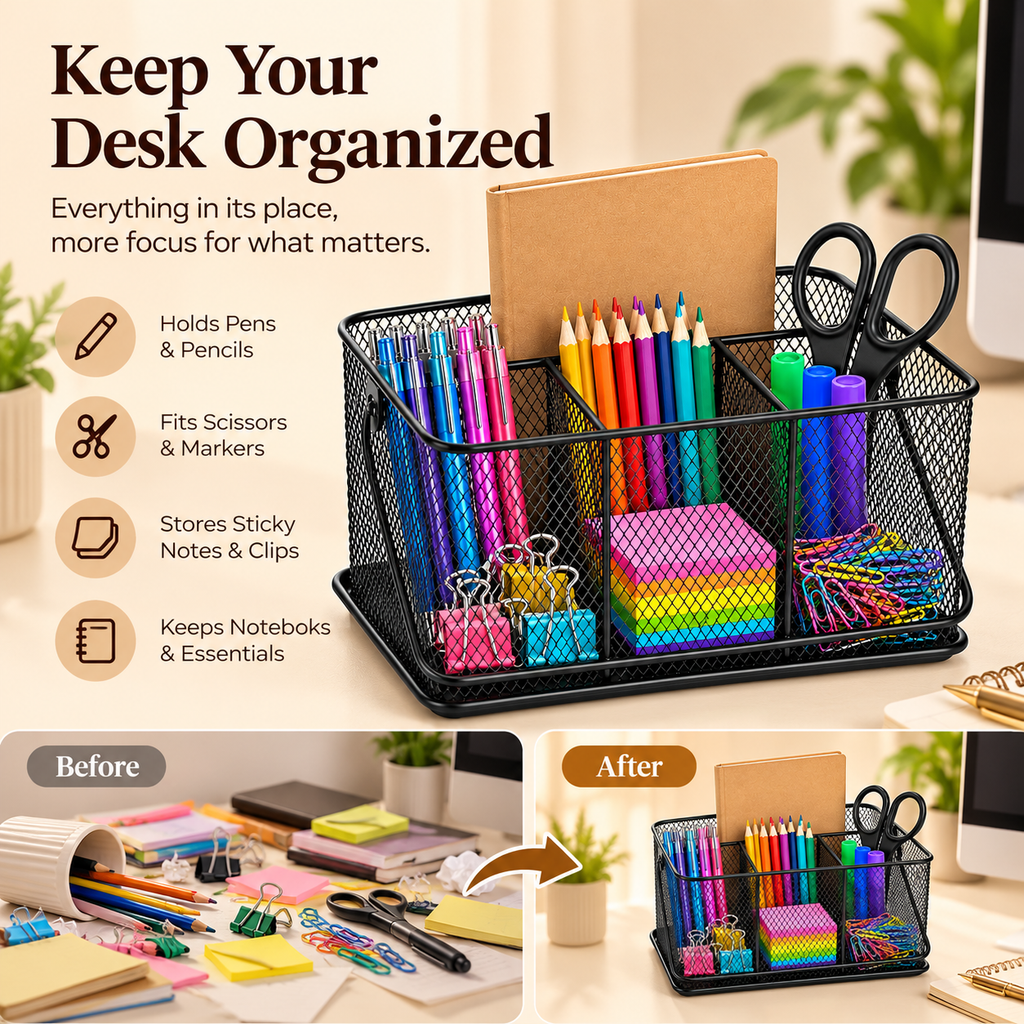 Desk Organizer with Handle- Metal Mesh Multi-Compartment, Portable Desk Caddy, 9.84" × 7.09" × 4.72"