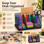Desk Organizer with Handle- Metal Mesh Multi-Compartment, Portable Desk Caddy, 9.84" × 7.09" × 4.72"