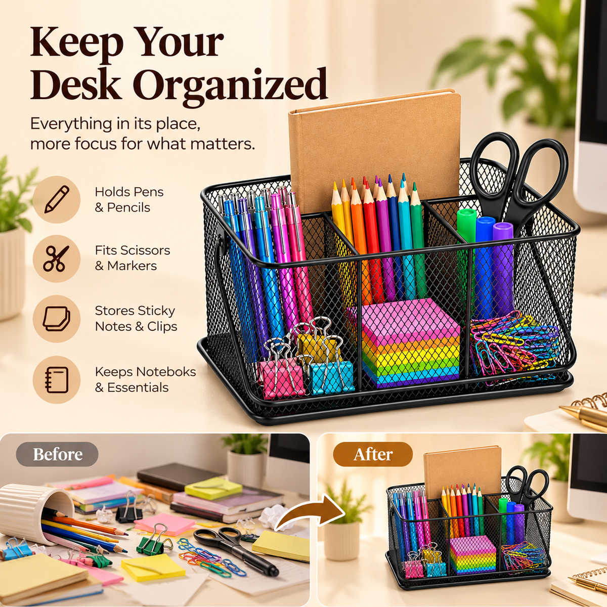 Desk Organizer with Handle- Metal Mesh Multi-Compartment, Portable Desk Caddy, 9.84" × 7.09" × 4.72"