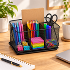Desk Organizer with Handle- Metal Mesh Multi-Compartment, Portable Desk Caddy, 9.84" × 7.09" × 4.72"