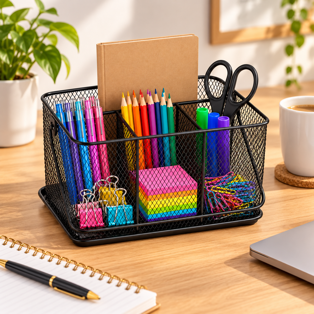 Desk Organizer with Handle- Metal Mesh Multi-Compartment, Portable Desk Caddy, 9.84" × 7.09" × 4.72"