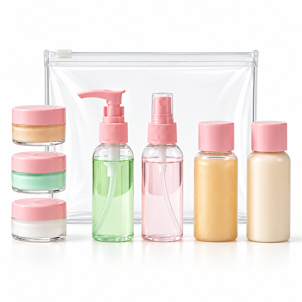 Travel Bottles for Toiletries (7pcs) - Refillable Empty Mini Containers with Pouch, 6.7" x 4.7" x 1 "