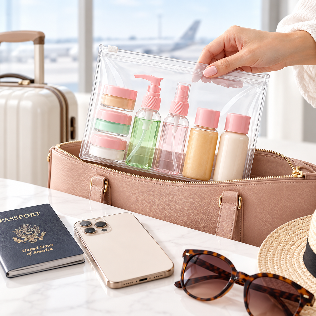 Travel Bottles for Toiletries (7pcs) - Refillable Empty Mini Containers with Pouch, 6.7" x 4.7" x 1 "