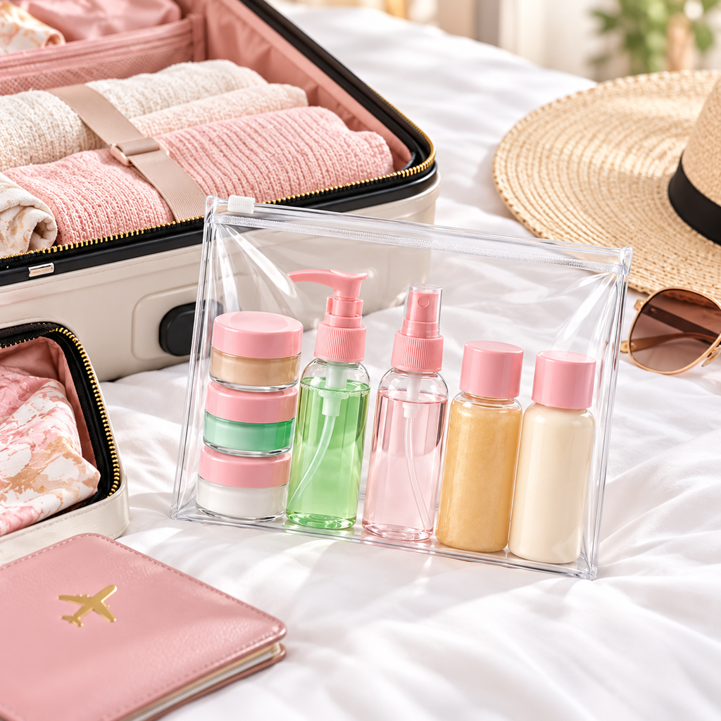 Travel Bottles for Toiletries (7pcs) - Refillable Empty Mini Containers with Pouch, 6.7" x 4.7" x 1 "