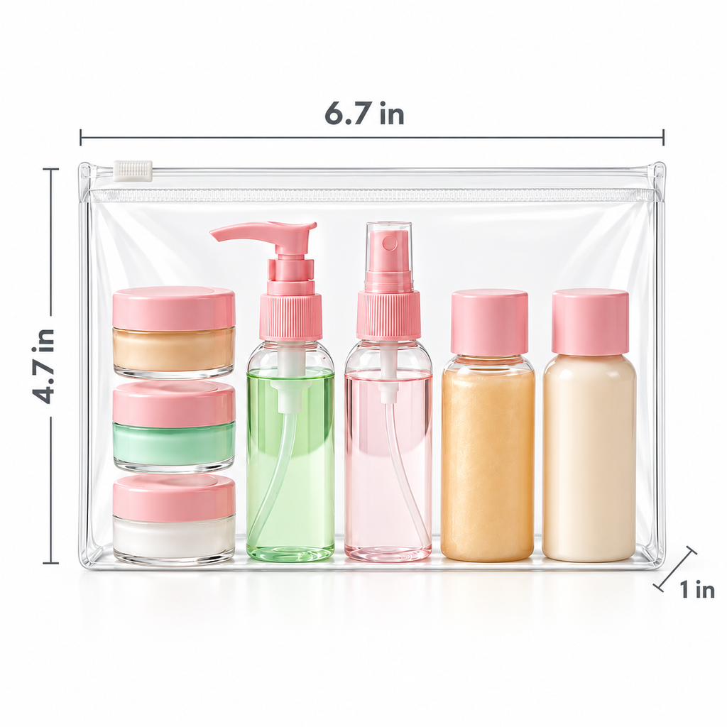 Travel Bottles for Toiletries (7pcs) - Refillable Empty Mini Containers with Pouch, 6.7" x 4.7" x 1 "