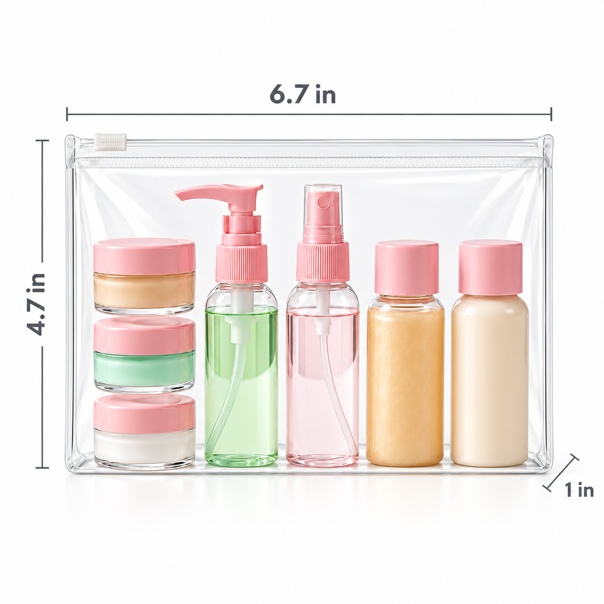Travel Bottles for Toiletries (7pcs) - Refillable Empty Mini Containers with Pouch, 6.7" x 4.7" x 1 "