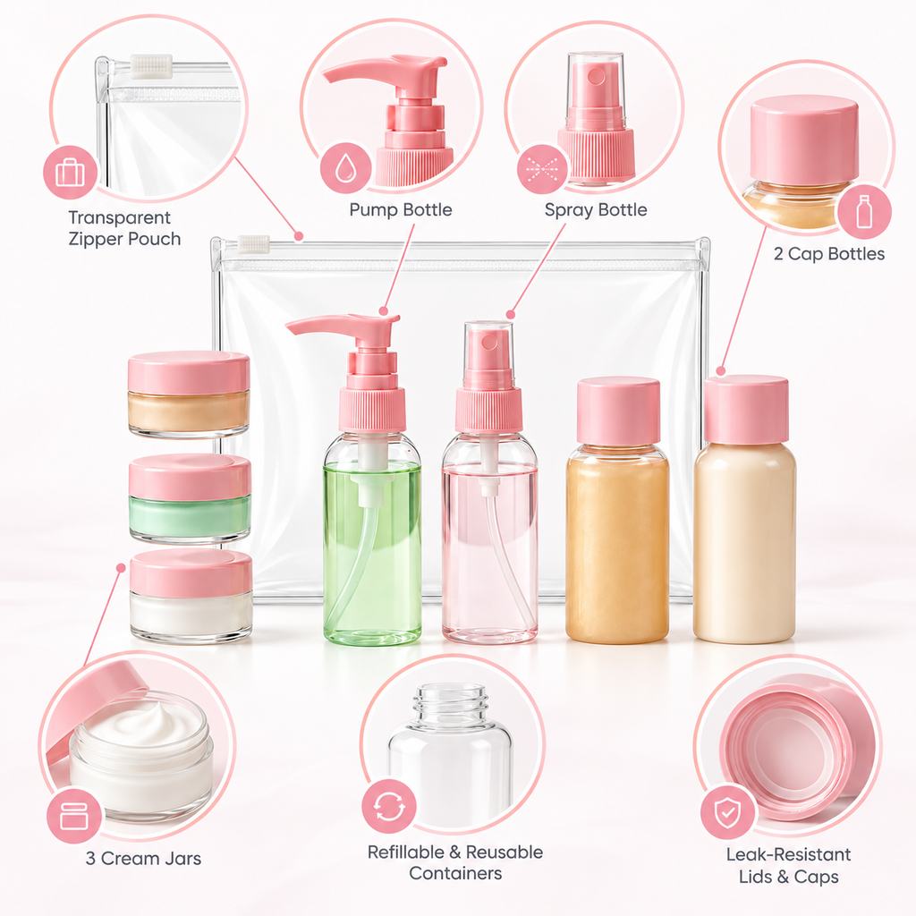 Travel Bottles for Toiletries (7pcs) - Refillable Empty Mini Containers with Pouch, 6.7" x 4.7" x 1 "