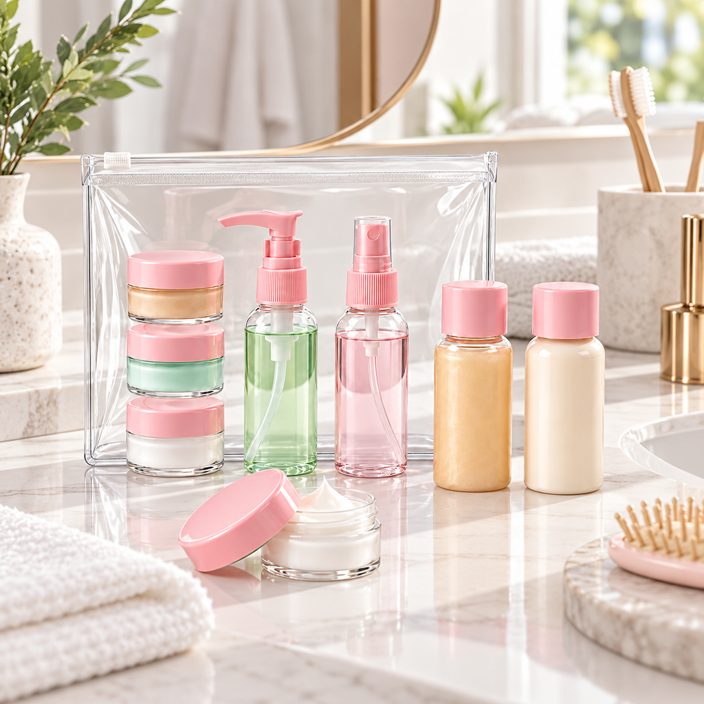 Travel Bottles for Toiletries (7pcs) - Refillable Empty Mini Containers with Pouch, 6.7" x 4.7" x 1 "