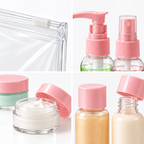 A four-panel collage showing clear cosmetic and travel storage containers with pink lids and pumps, including a zip pouch corner, pump bottles, a cream jar, and empty bottle containers.