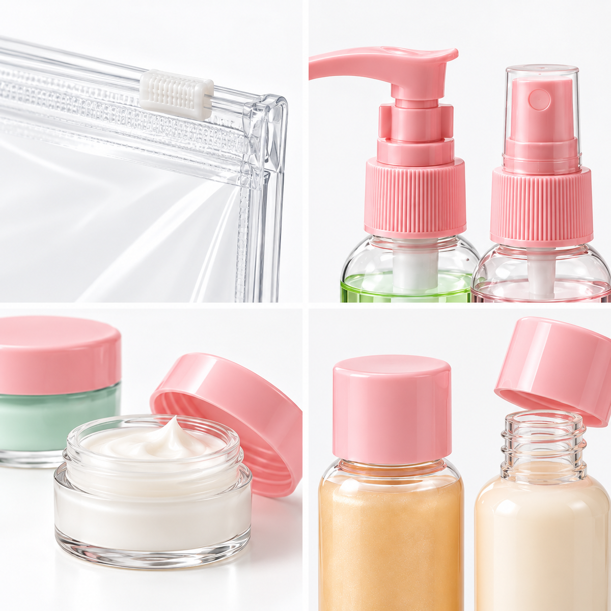 A four-panel collage showing clear cosmetic and travel storage containers with pink lids and pumps, including a zip pouch corner, pump bottles, a cream jar, and empty bottle containers.