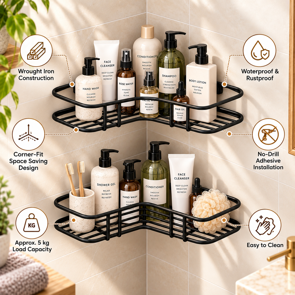 Bathroom Corner Shelf (Pack of 2) - Wall Mounted, , 9" x 9" x 2"