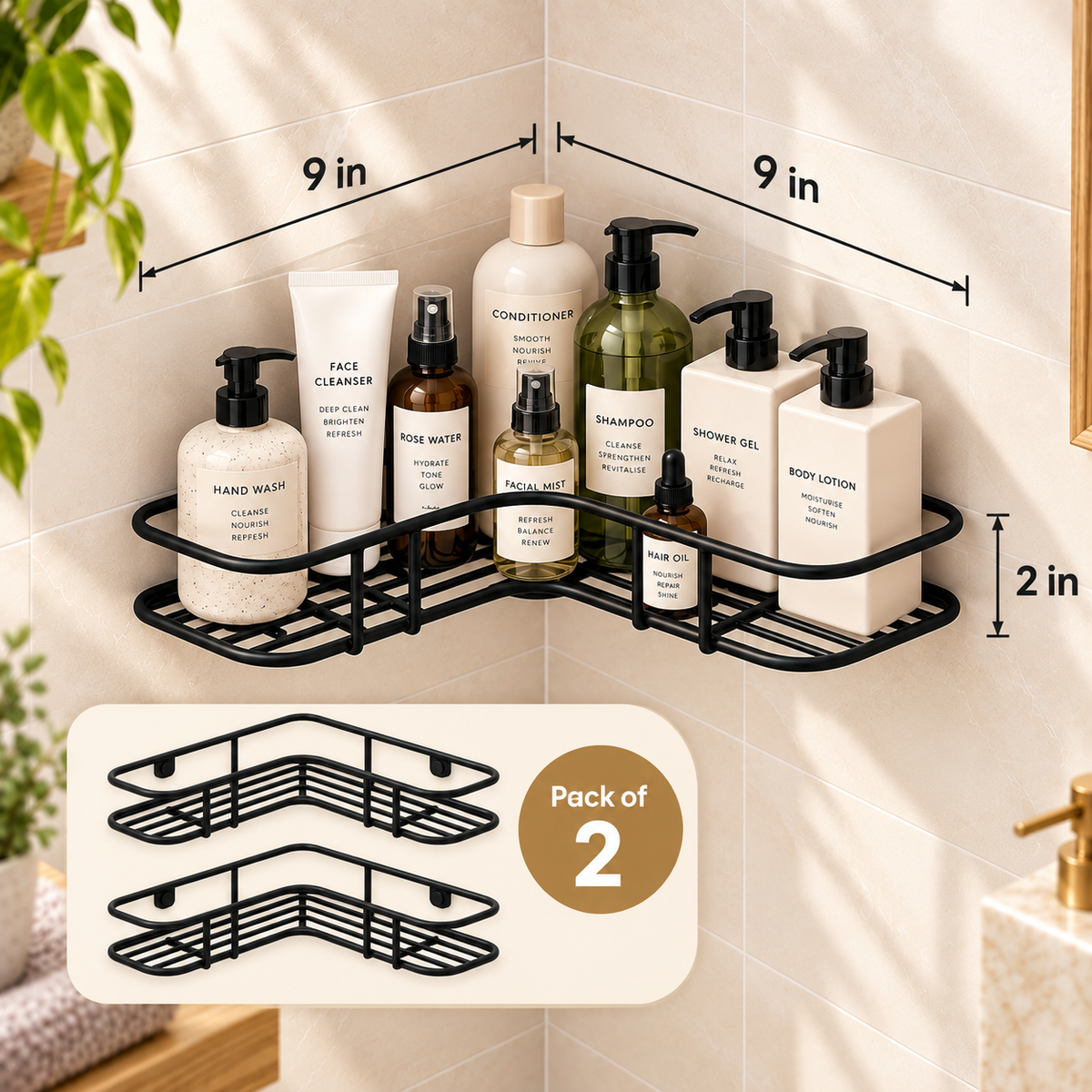 Bathroom Corner Shelf (Pack of 2) - Wall Mounted, , 9" x 9" x 2"