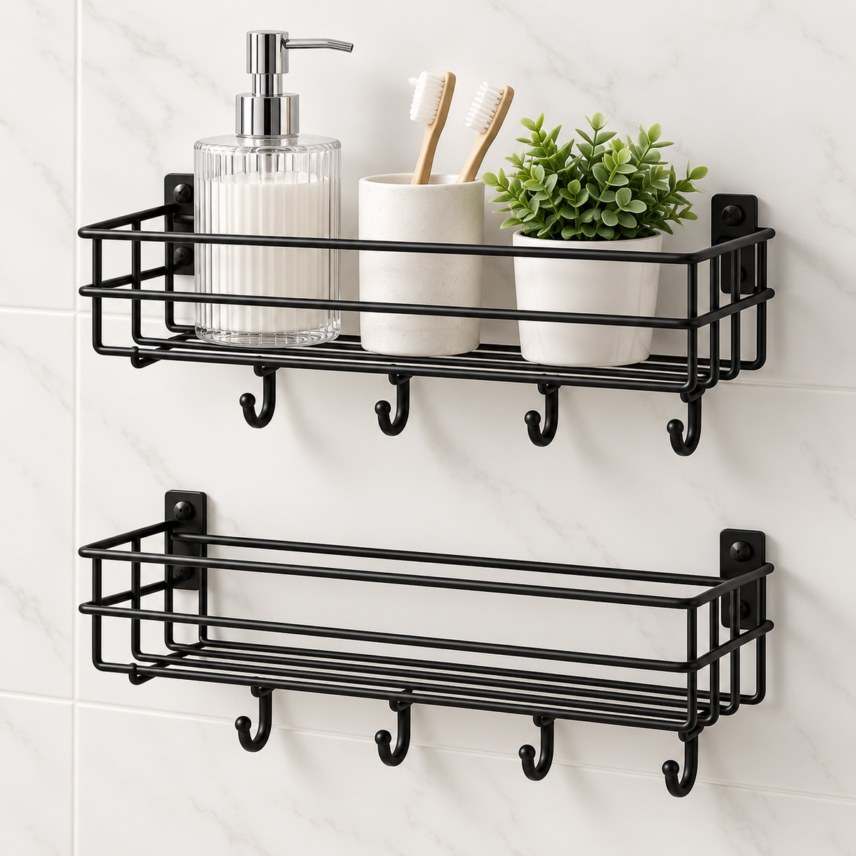 4 Hook Bathroom Shelf (Pack of 2) - Wall Mounted, 10" x 4" x 4"