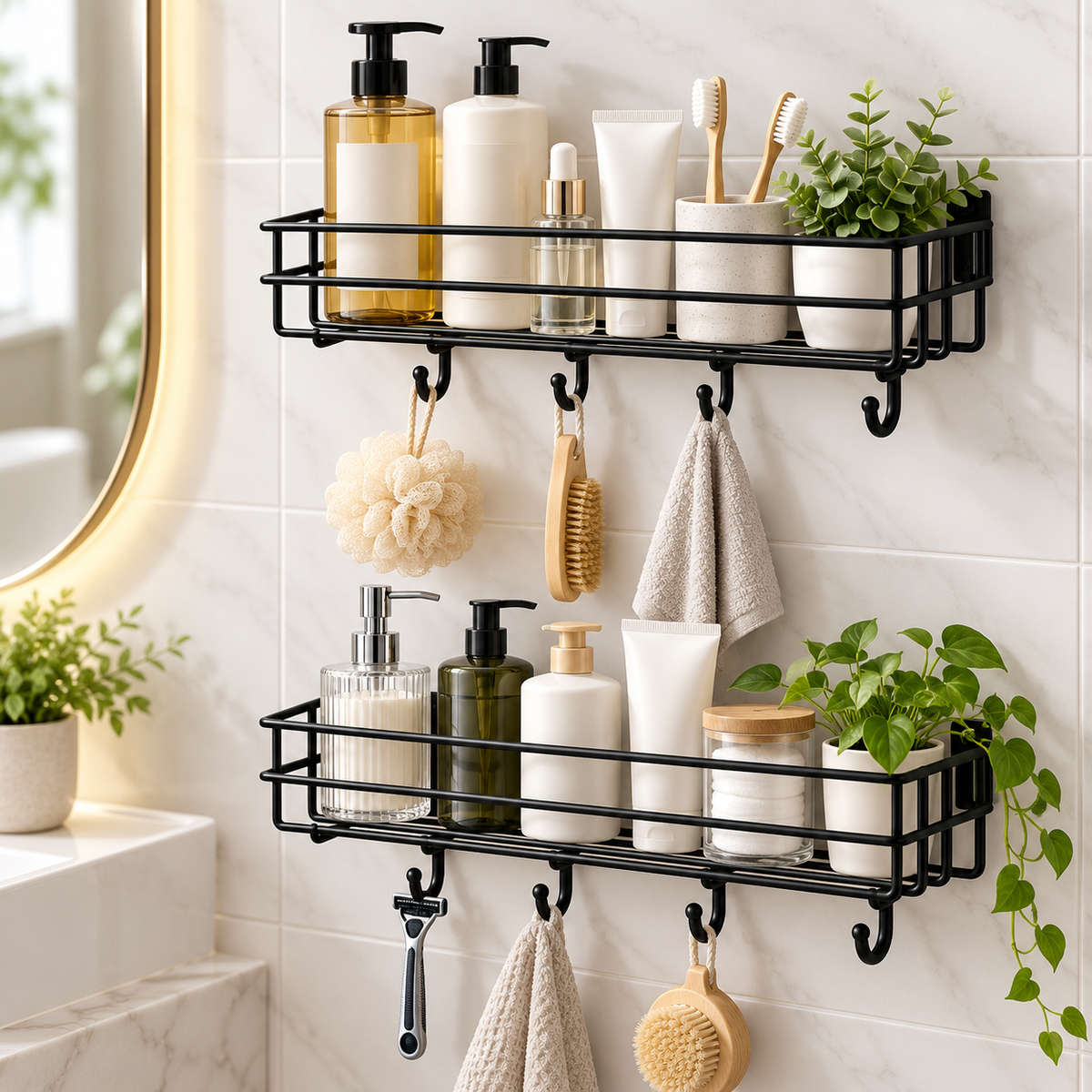 4 Hook Bathroom Shelf (Pack of 2) - Wall Mounted, 10" x 4" x 4"