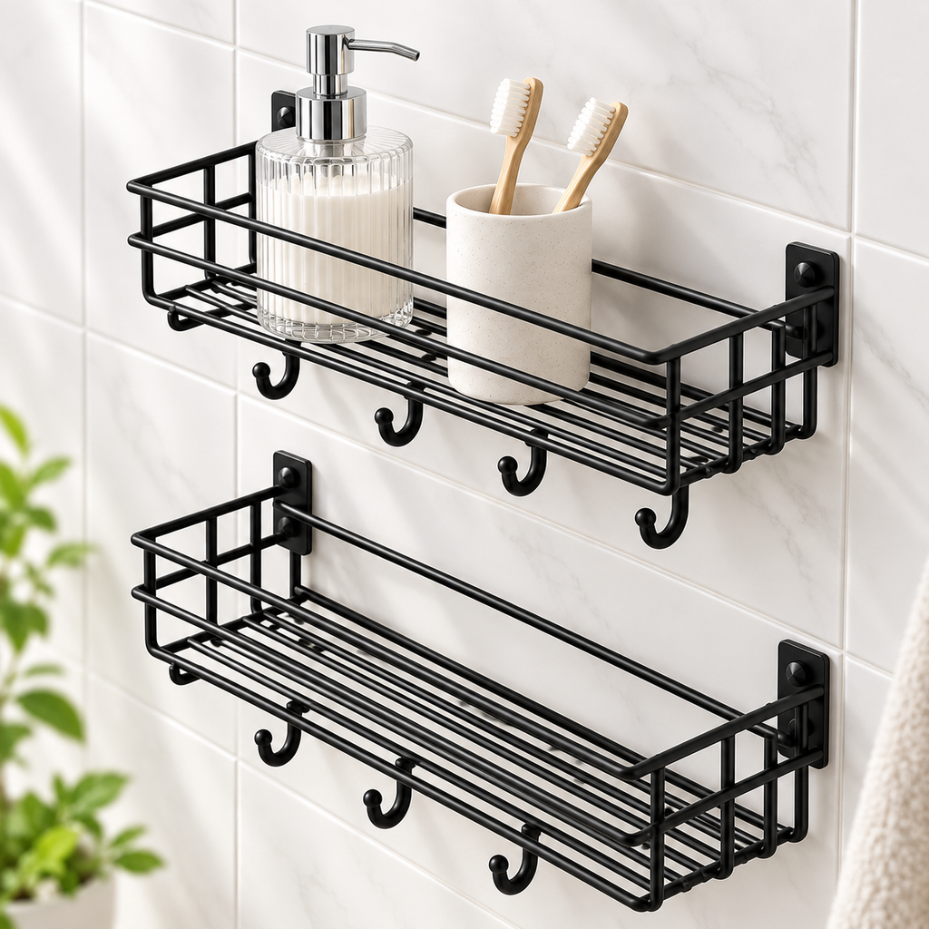 4 Hook Bathroom Shelf (Pack of 2) - Wall Mounted, 10" x 4" x 4"