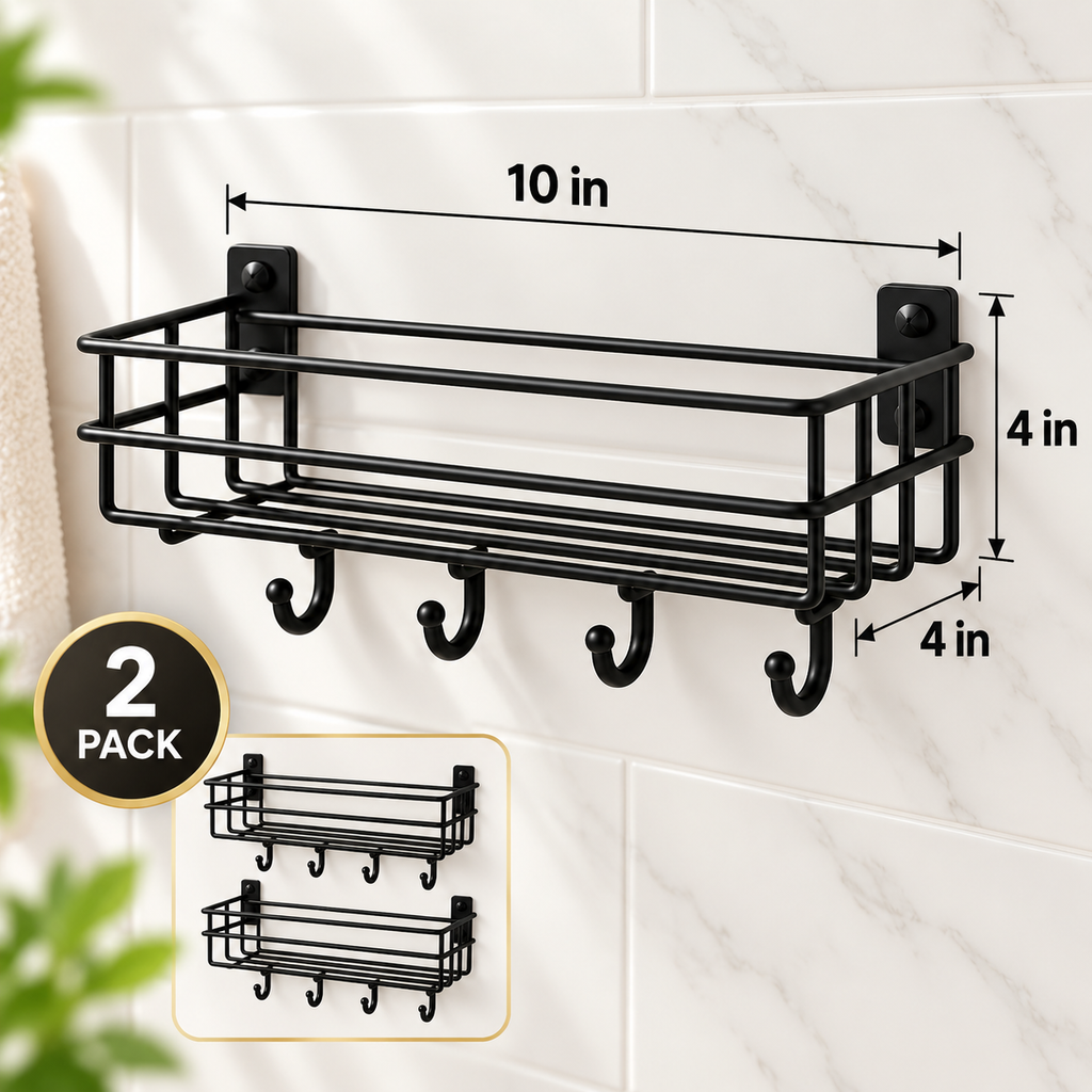 4 Hook Bathroom Shelf (Pack of 2) - Wall Mounted, 10" x 4" x 4"