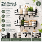 4 Hook Bathroom Shelf (Pack of 2) - Wall Mounted, 10" x 4" x 4"