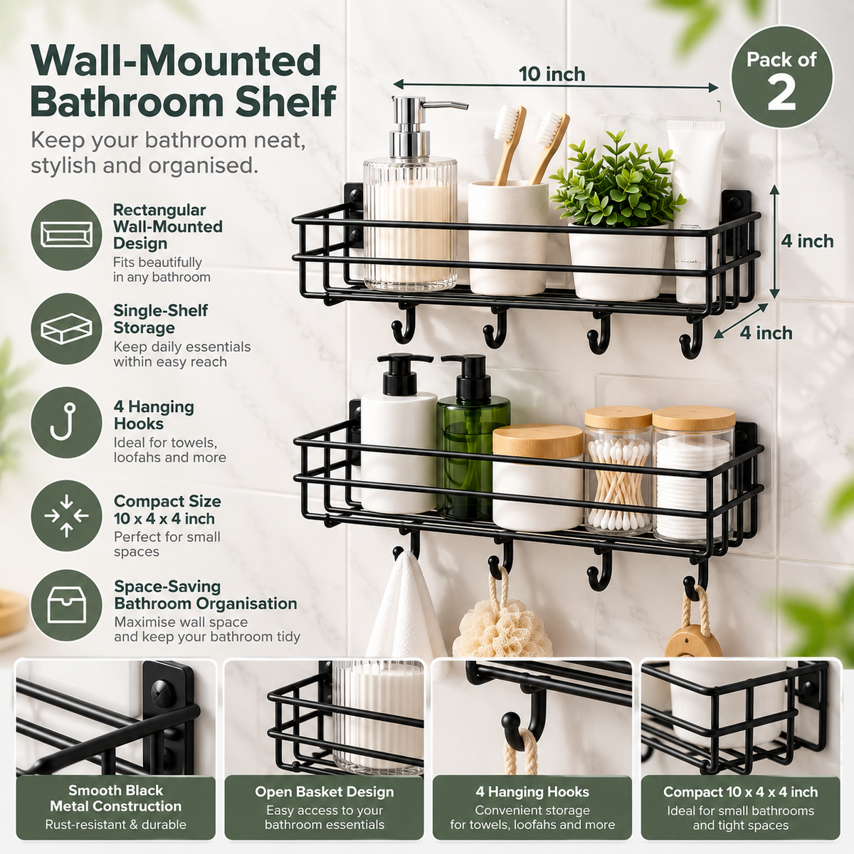 4 Hook Bathroom Shelf (Pack of 2) - Wall Mounted, 10" x 4" x 4"