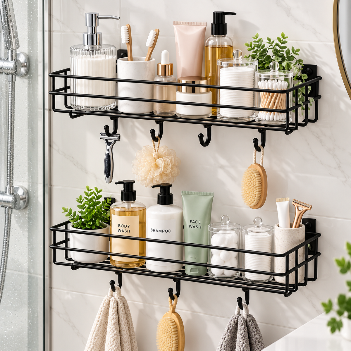 4 Hook Bathroom Shelf (Pack of 2) - Wall Mounted, 10" x 4" x 4"