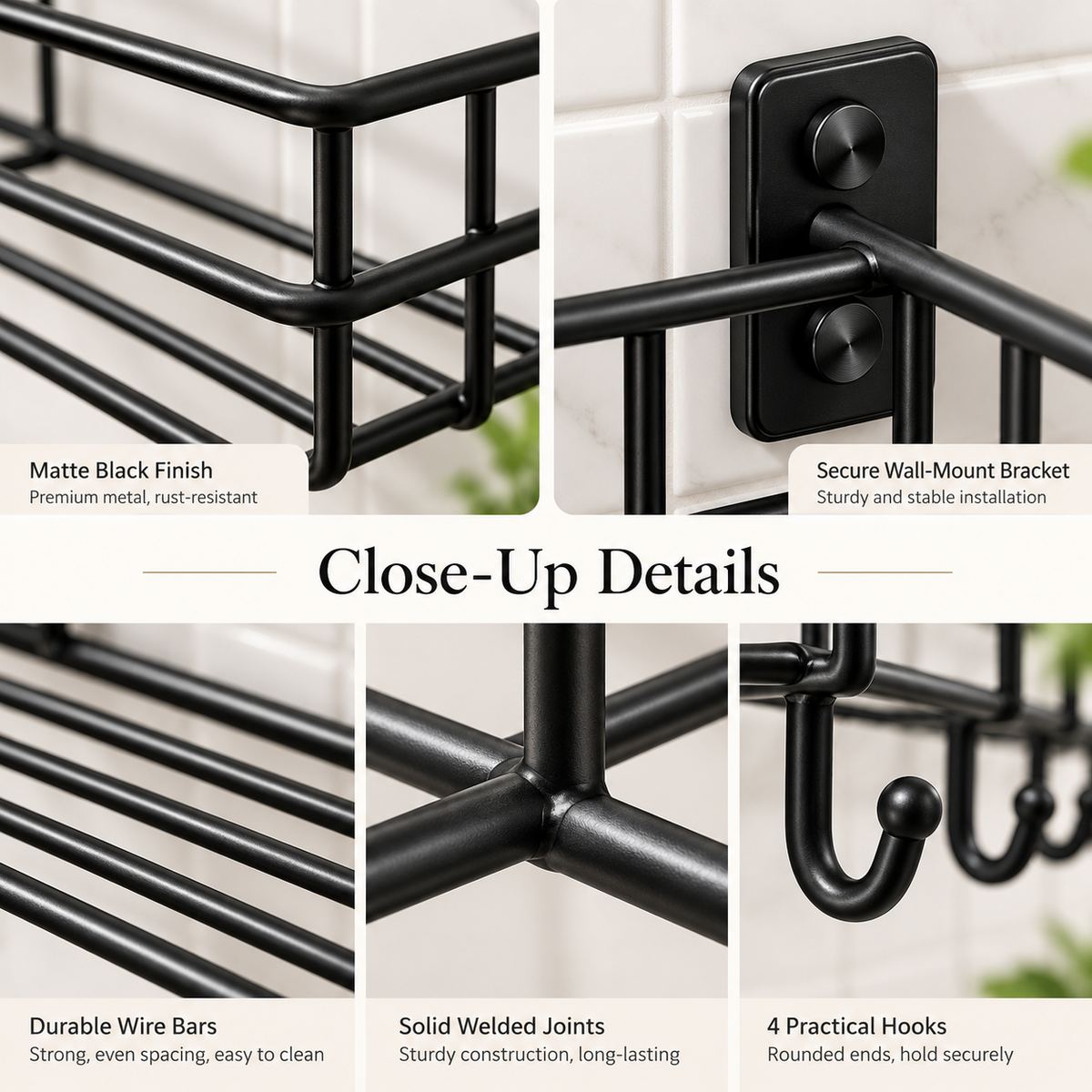 4 Hook Bathroom Shelf (Pack of 2) - Wall Mounted, 10" x 4" x 4"