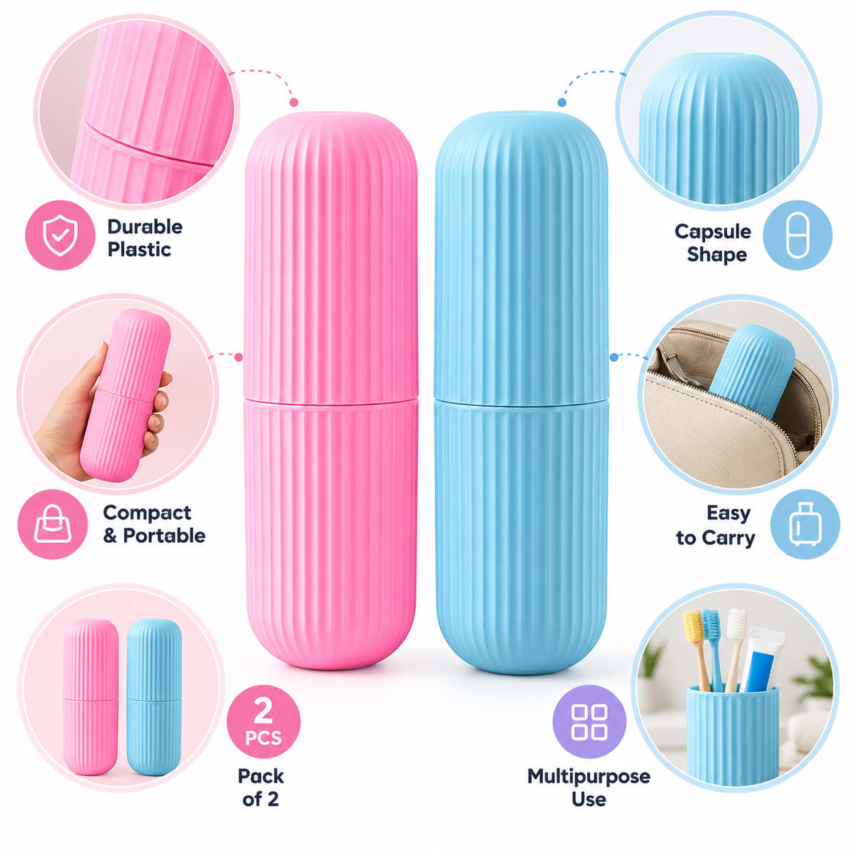 Portable Travel Plastic Toothbrush Holder (Pack of 2) - Pink & Blue,  8" x 8" x 2"
