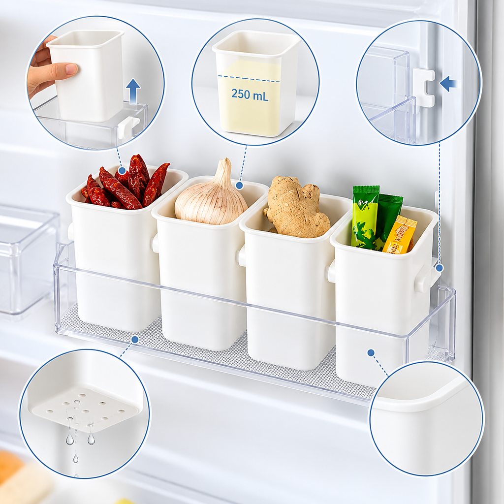 Detachable Refrigerator Organiser (Pack of 4) - Hanging Storage Containers, 4.53" × 3.54" × 2.76"