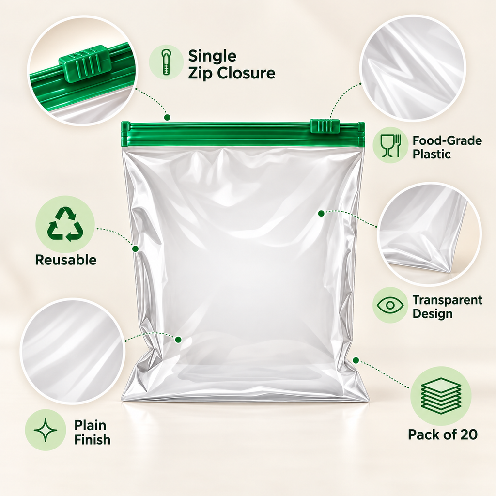 Multipurpose Ziplock Storage Bag (Pack of 20) - Reusable, 10" x 9"