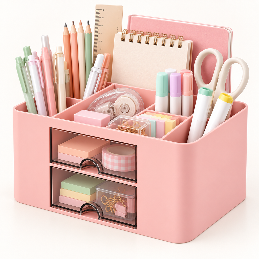 6 Compartment Plastic Desk Organizer - Transparent Drawer, 7.5" × 5.5" × 4"