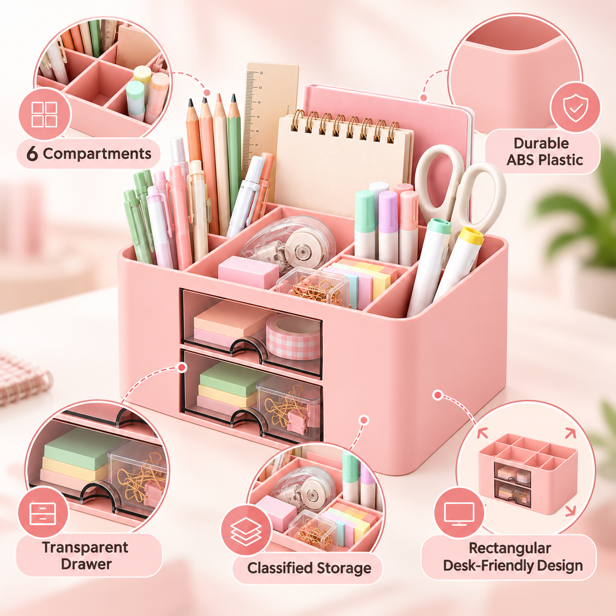 6 Compartment Plastic Desk Organizer - Transparent Drawer, 7.5" × 5.5" × 4"