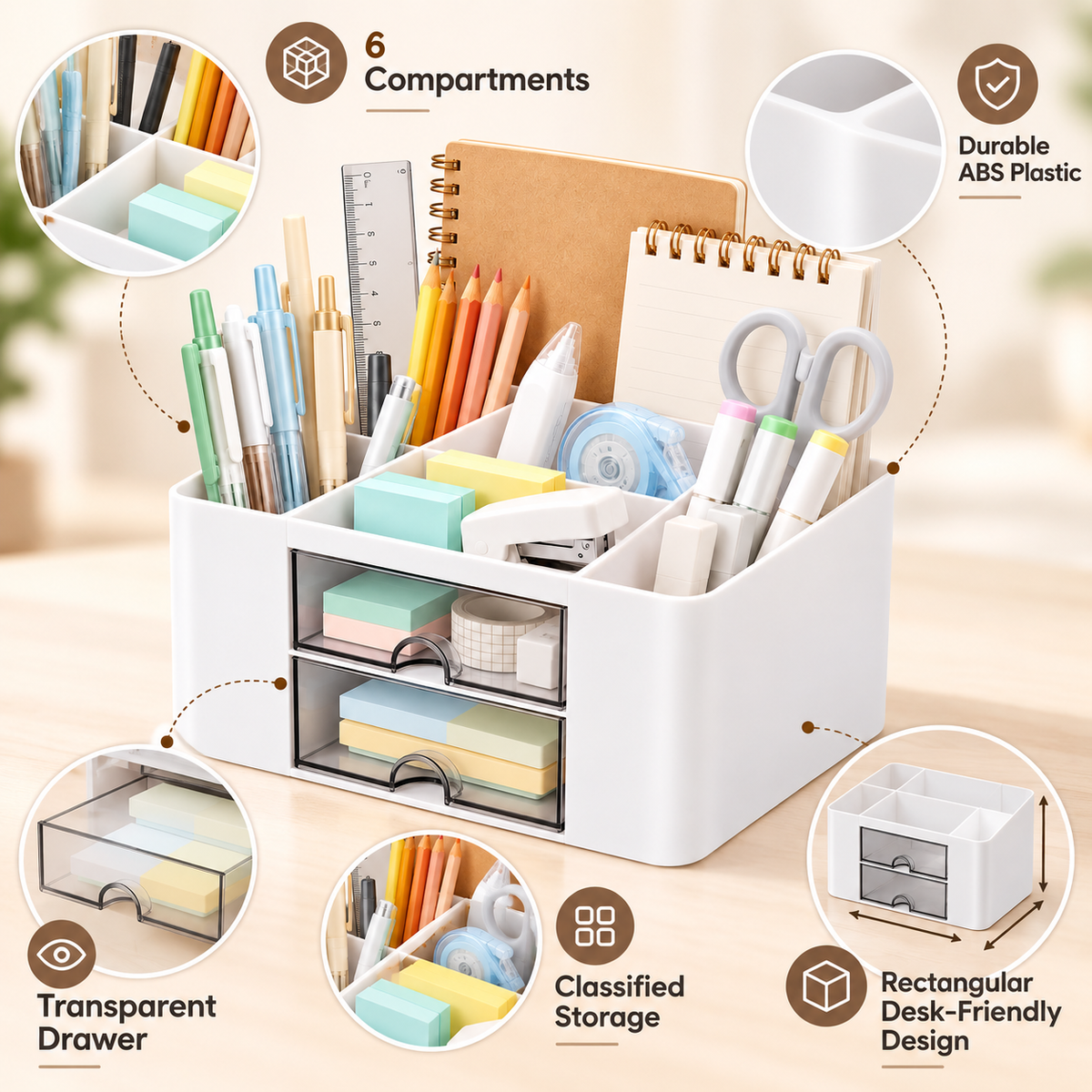 6 Compartment Plastic Desk Organizer - Transparent Drawer, 7.5" × 5.5" × 4"