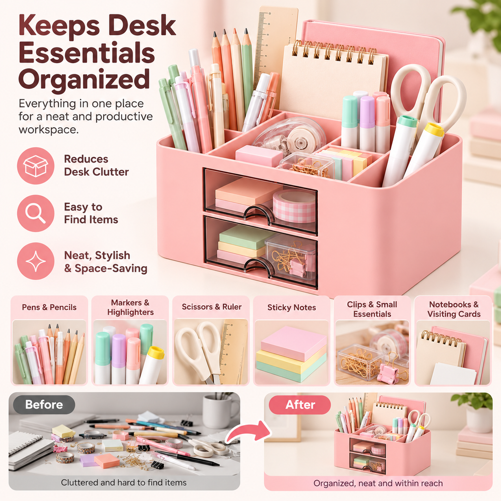 6 Compartment Plastic Desk Organizer - Transparent Drawer, 7.5" × 5.5" × 4"