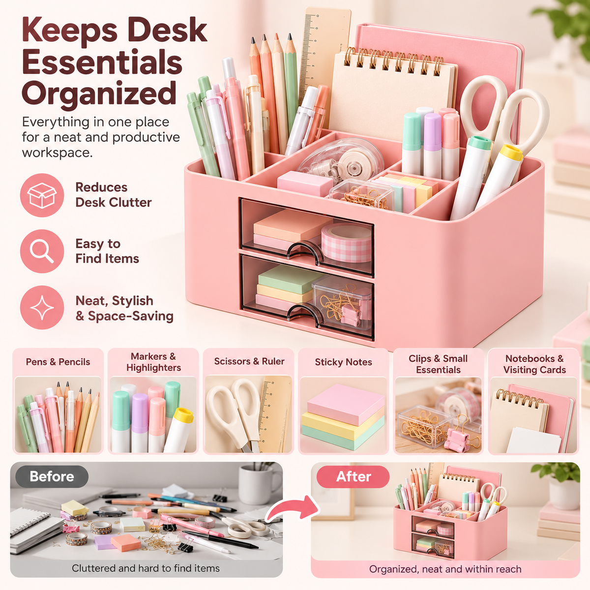 6 Compartment Plastic Desk Organizer - Transparent Drawer, 7.5" × 5.5" × 4"