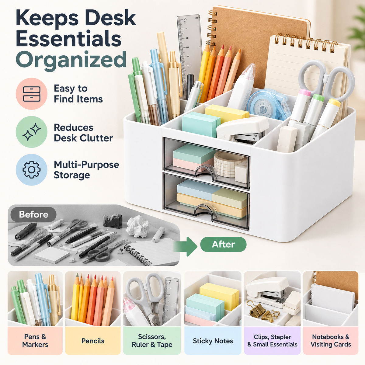 6 Compartment Plastic Desk Organizer - Transparent Drawer, 7.5" × 5.5" × 4"