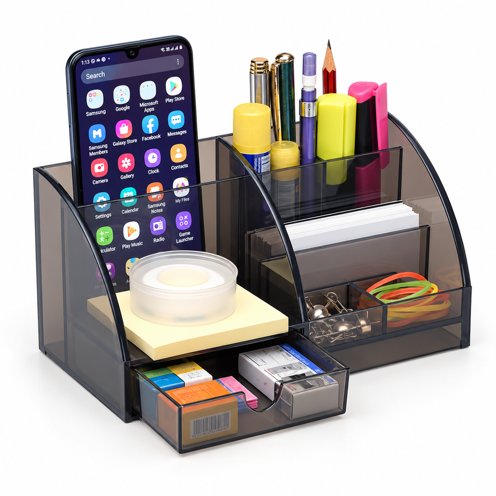 7-Compartment Desk Organizer with Pen Holder and Drawer – 7.8" x 4" x 4"