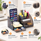 7-Compartment Desk Organizer with Pen Holder and Drawer – 7.8" x 4" x 4"