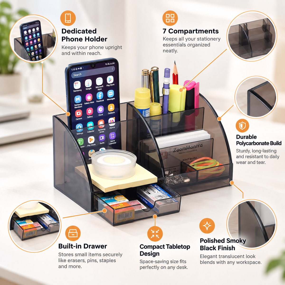 7-Compartment Desk Organizer with Pen Holder and Drawer – 7.8" x 4" x 4"