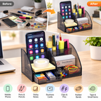7-Compartment Desk Organizer with Pen Holder and Drawer – 7.8" x 4" x 4"