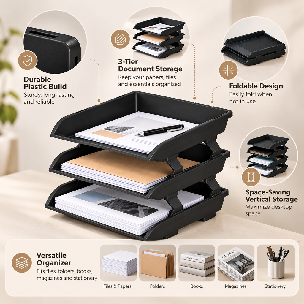 3-Tier File Tray Organizer – Foldable Desktop Document & Paper Holder, 10.2" x 5.5" x 1.5"
